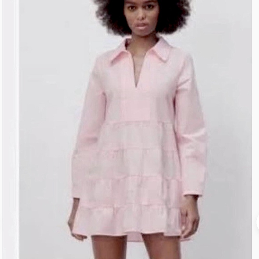 Zara Sm Light Pink Collared Tiered Dress or Tunic Linen